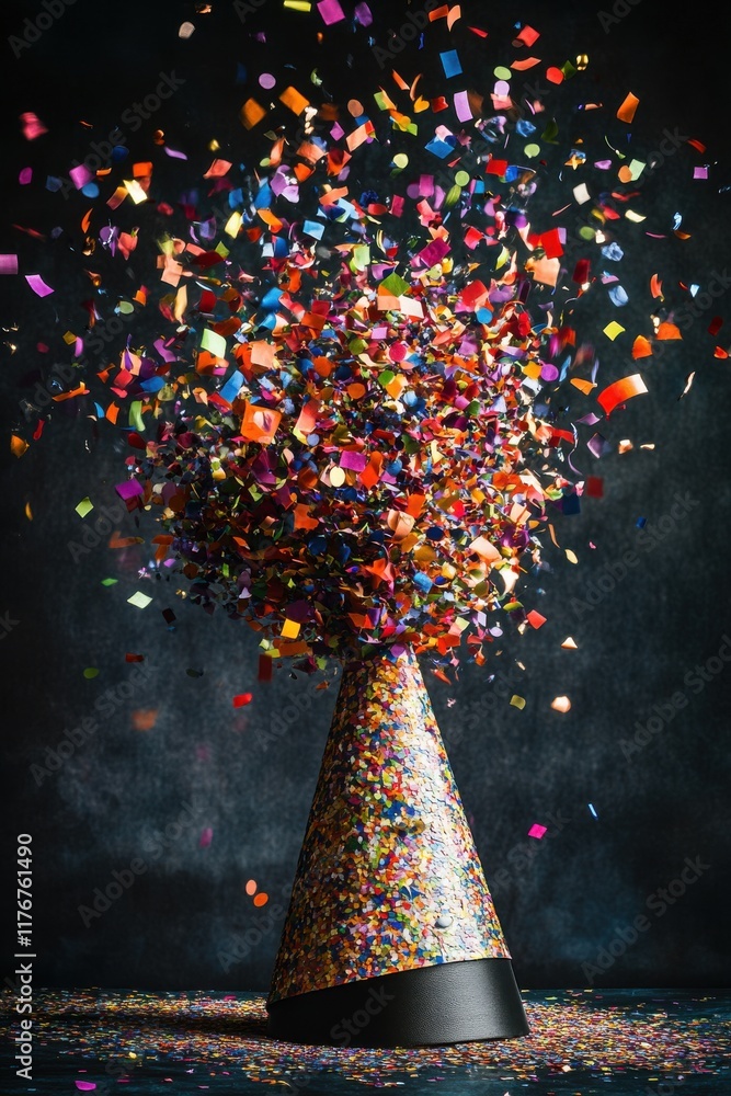 Poster a vibrant party hat explodes with colorful confetti, creating a festive and joyful atmosphere.
