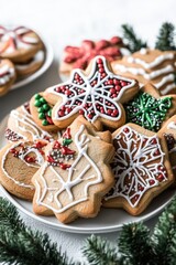 A colorful assortment of festive gingerbread cookies decorated with icing and sprinkles, ideal for the holiday season.