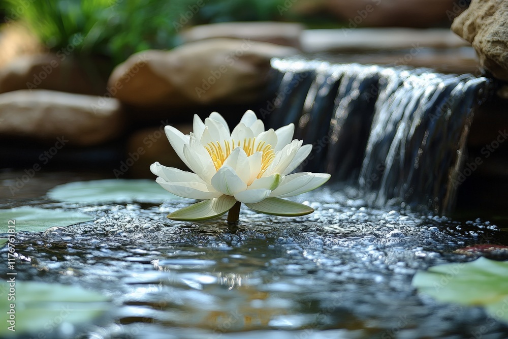 Poster this captivating image showcases a beautiful white water lily floating gracefully on a pond, surroun