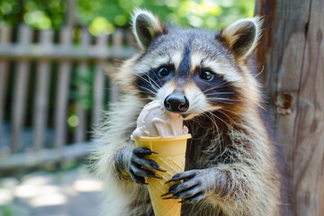 A raccoon savors an ice cream cone on a warm day, enjoying a delightful moment in the sun.