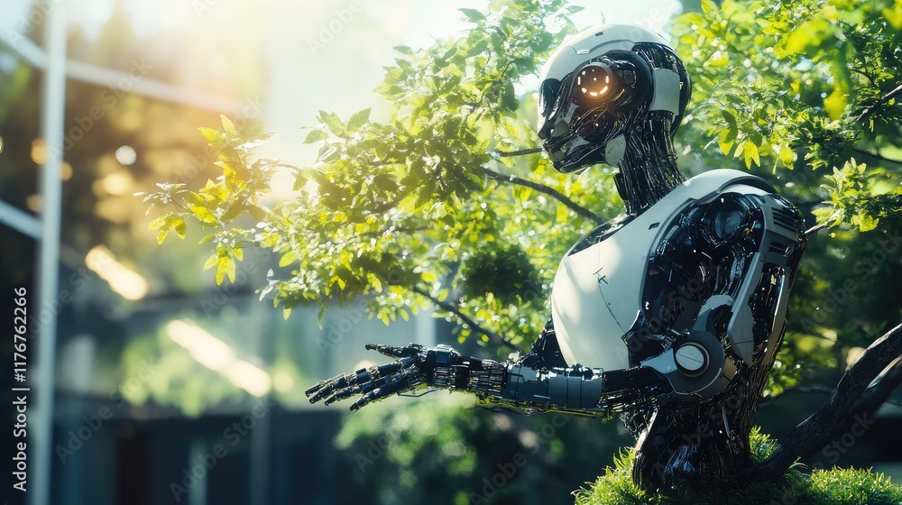 Poster tree robot with a mechanical trunk and sensor-based leaves, creating a harmonious blend of nature an