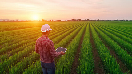 Fototapeta premium An advanced agricultural field equipped with smart drones, IoT sensors, and AI algorithms that optimize planting, watering, and harvesting for sustainable farming. smart agricultur