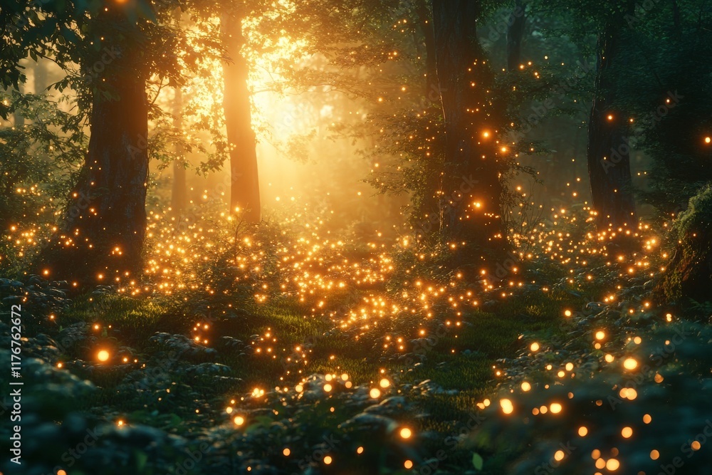Aufkleber A magical forest scene illuminated by countless fireflies, creating a whimsical atmosphere as sunlight filters through lush trees, evoking feelings of wonder and serenity.
