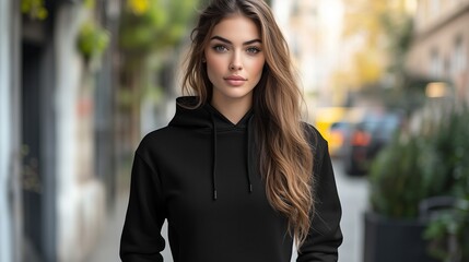 Fototapeta premium beautiful woman wearing a black hooded sweatshirt, posing in the street with a blurred background