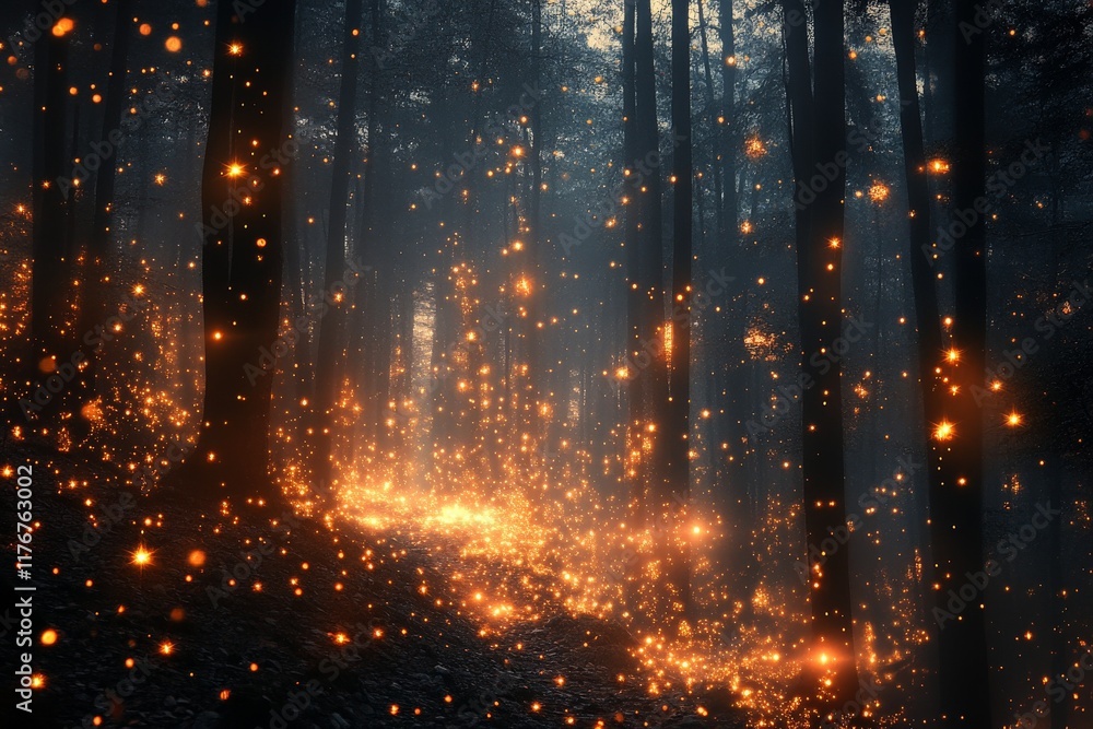 Poster A captivating display of shimmering particles floating through a misty forest, creating a dreamlike aura that evokes feelings of enchantment and wonder.