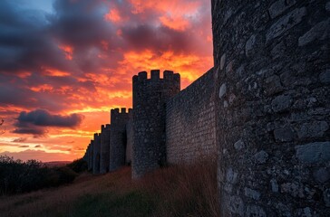 Fototapeta premium Fiery sunset over ancient stone castle walls.
