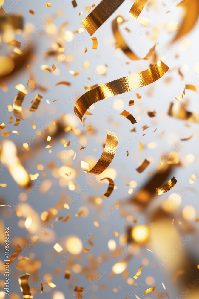 Poster a festive scene with shimmering golden confetti falling against a soft gray background, creating a c