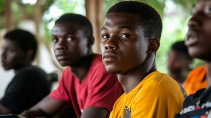 Naklejka premium Young men attentively seated, outdoor setting.