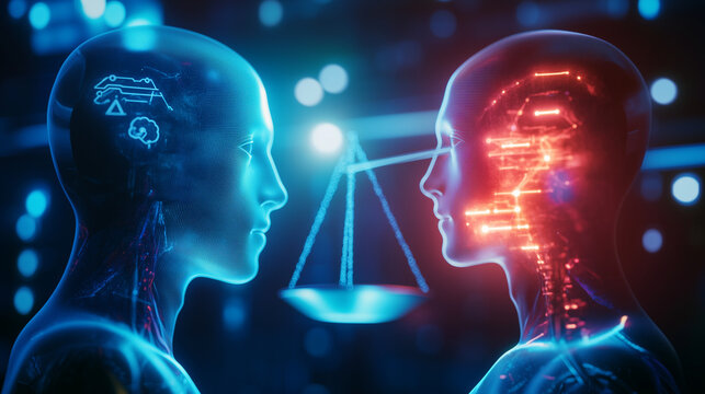 A conceptual scene featuring two sides of artificial intelligence: one glowing and benevolent, the other shadowy and menacing. The center of the image shows a scale balancing these