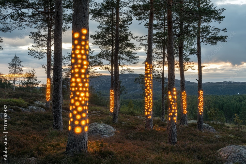 Aufkleber Striking trees illuminated with unique patterns create an extraordinary visual spectacle in a serene natural environment, merging art and nature beautifully.