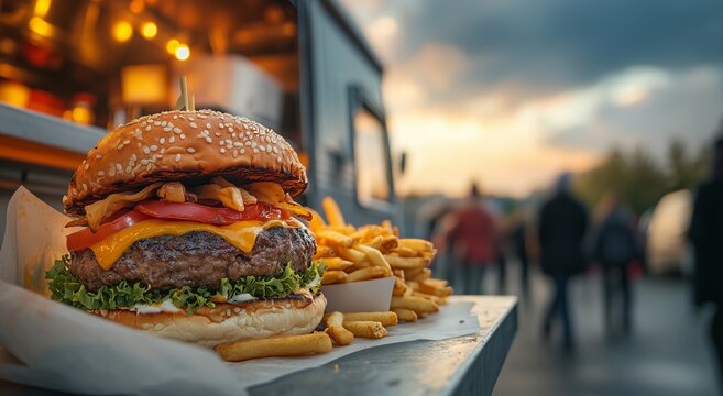  food truck with a large burger and fries on the table - Powered by Adobe