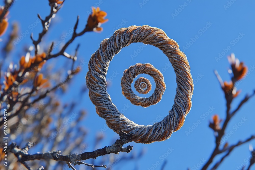 Poster An abstract representation featuring a spiral design intertwined with natural branches, illustrating the connection between nature and creativity in a unique form.