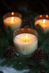 Warm candlelight flickers amidst pinecones and greenery, creating a cozy holiday ambiance.