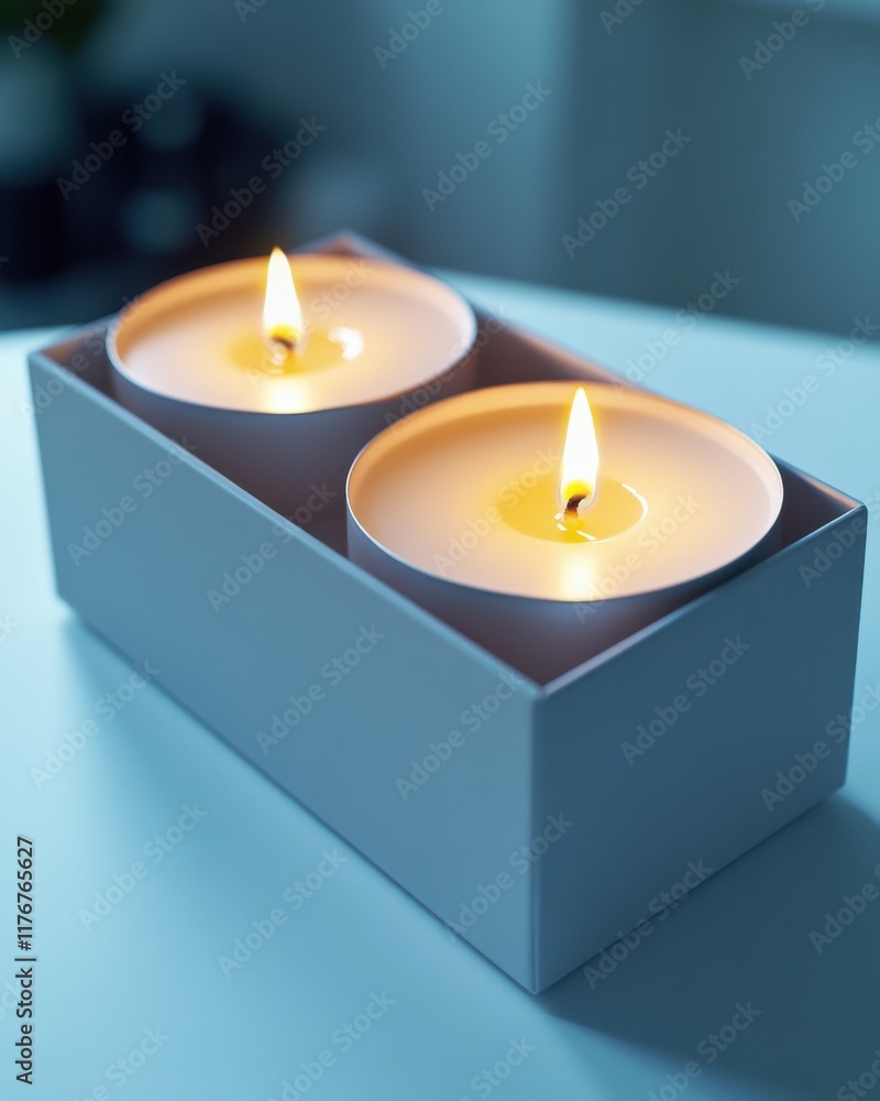 Poster two glowing candles in a minimalist box, creating a serene and calming atmosphere.