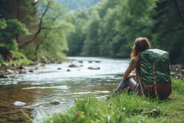 Fototapeta premium Young Woman Enjoys Nature While Camping by the River