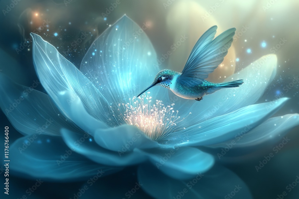 Aufkleber an ethereal hummingbird gracefully approaches a captivating blue lotus flower, creating a serene vis