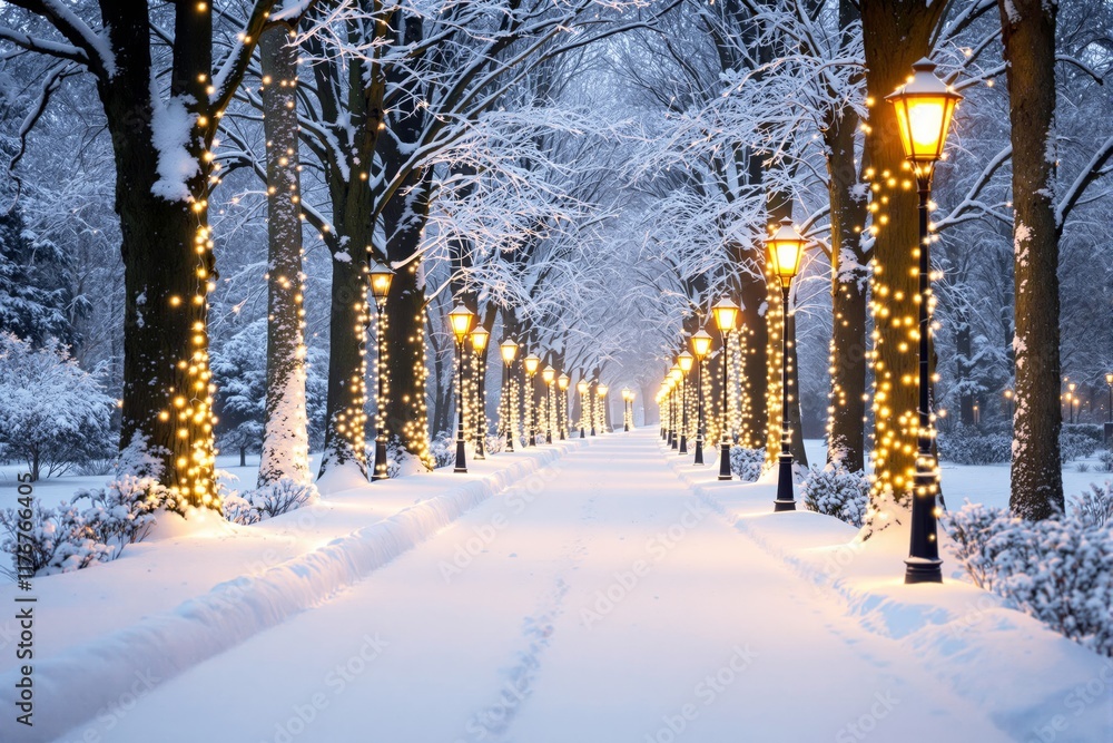 Poster snow-covered pathway lined with glowing lanterns and trees decorated in sparkling lights, surrounded