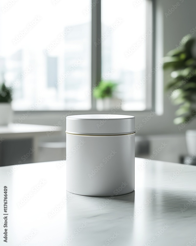Poster minimalist white container on a table with a soft focus background, showcasing modern design element