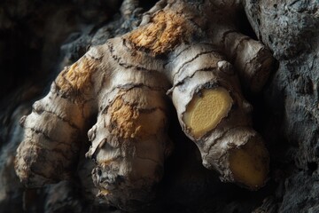 Fototapeta premium Explore the unique structure of ginger root captured in this striking image. The textures and colors create a visual delight. Perfect for culinary inspirations. Generative AI