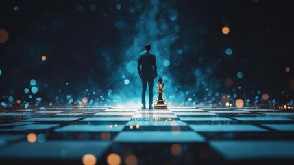 Fototapeta premium Businessperson Standing on Glowing Chessboard