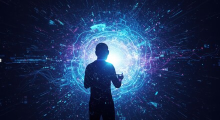 Fototapeta premium Silhouette of Person Standing in Front of Glowing Portal with Abstract Light