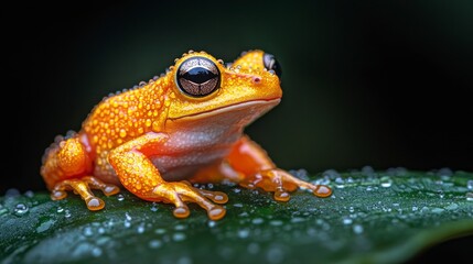 Close-up of a vibrant orange frog on a dew-covered leaf.