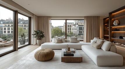 Modern living room with large windows and minimalist decor overlooking a cityscape.