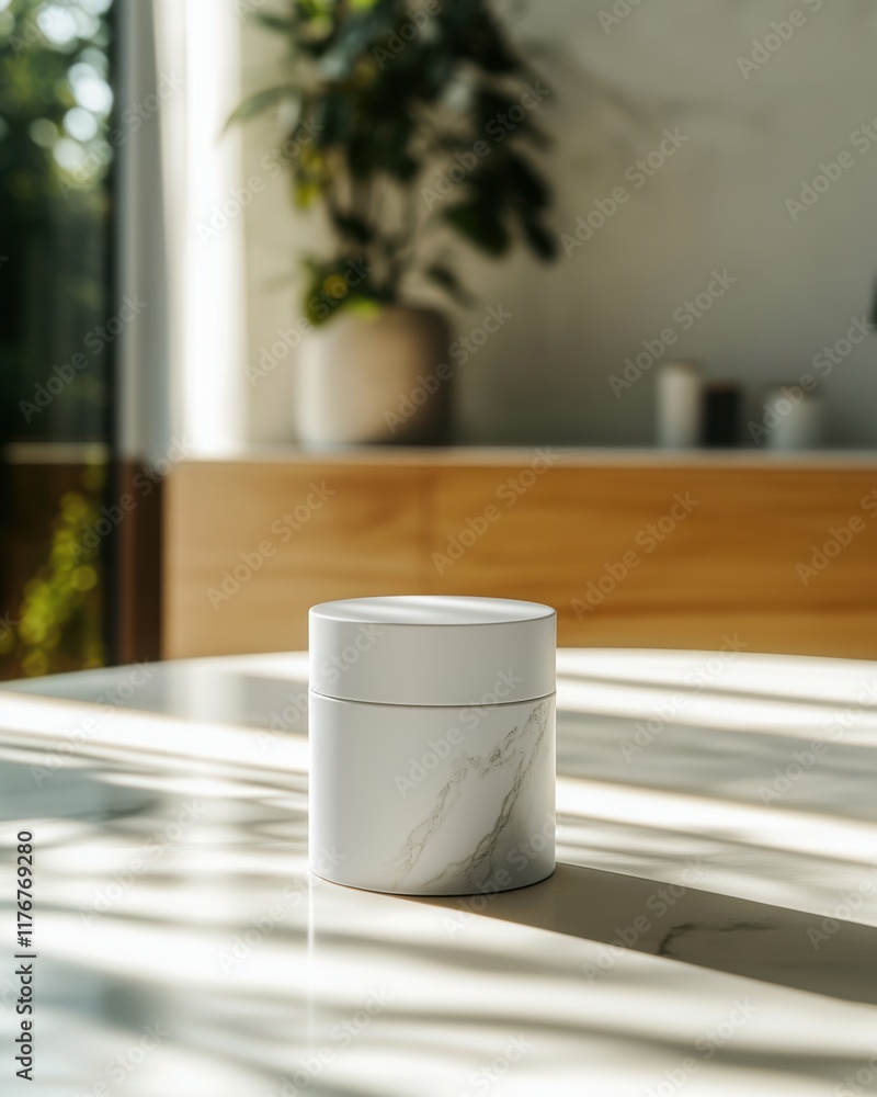 Aufkleber minimalist white jar on a marble table with soft sunlight and shadows creating a serene atmosphere.