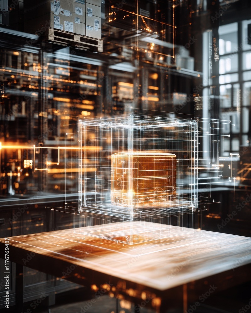 Poster futuristic visualization of a transparent product cube in a modern warehouse setting.