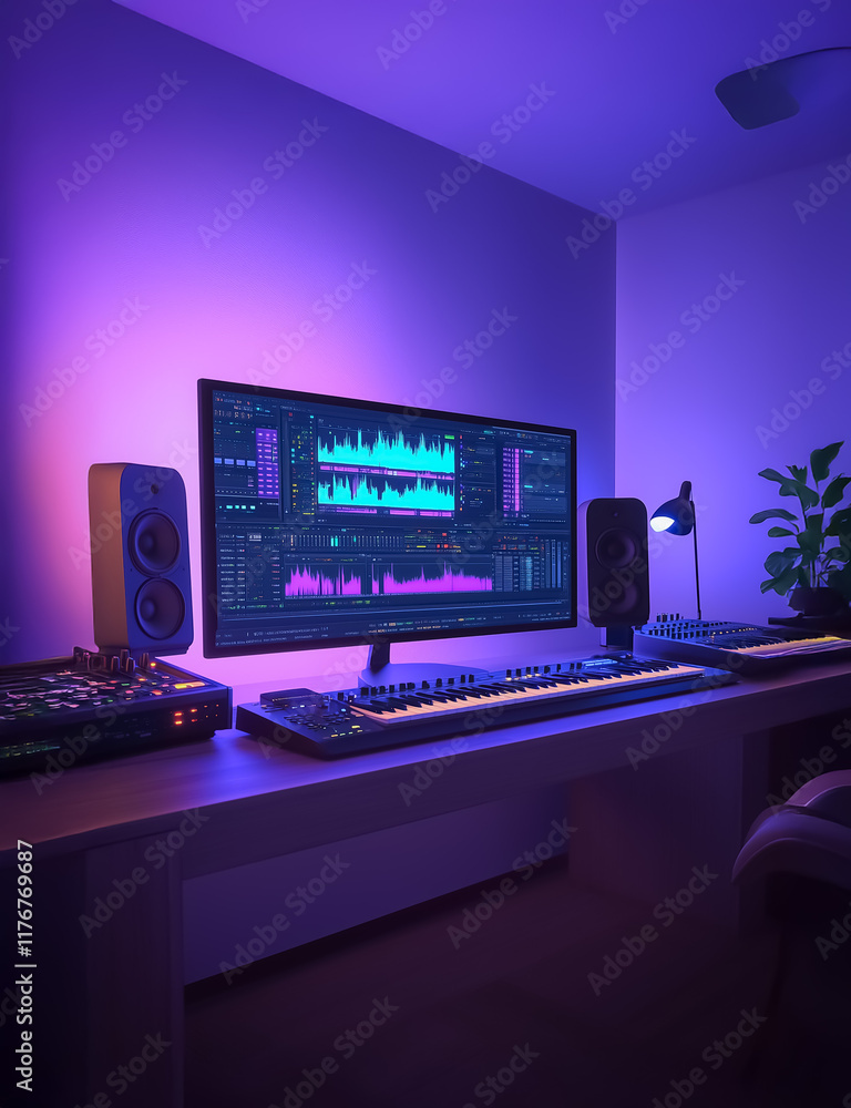 Poster a high-quality 3d render of a professional music production studio setup with digital mixing softwar