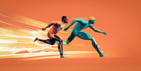 Illustration of two Paralympic sprinters racing with prosthetic blades in a futuristic style, showcasing speed, determination, and athleticism with a dynamic orange and teal color scheme.