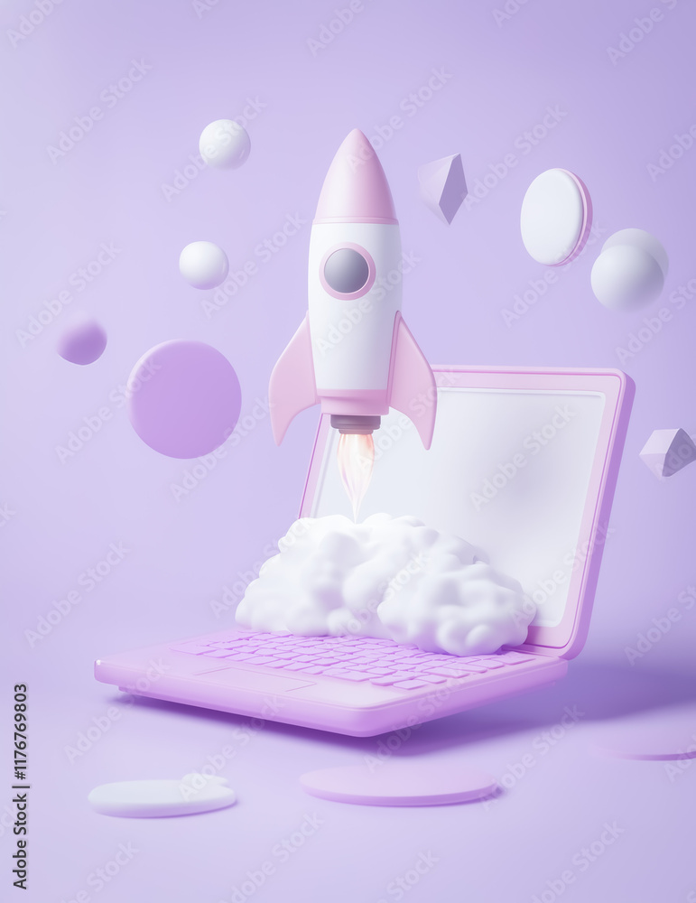Poster a stunning 3d-rendered laptop with a rocket lifting off from the screen, surrounded by abstract floa