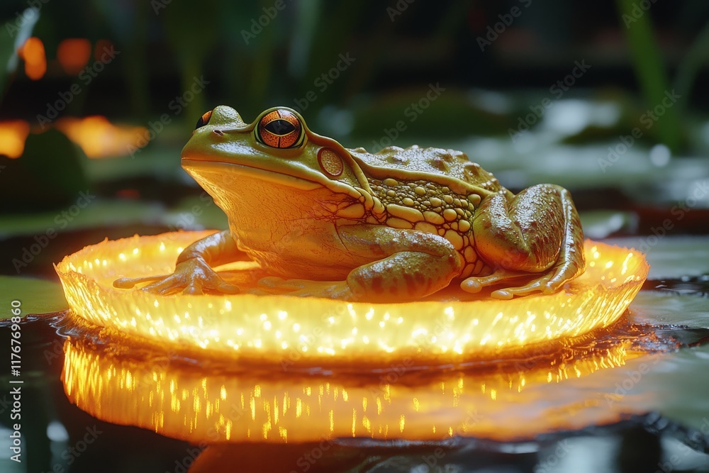 Poster a vibrant frog rests on a glowing lily pad, surrounded by a serene aquatic environment, showcasing t