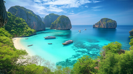 Fototapeta premium A tropical bay with turquoise waters is surrounded by lush green mountains