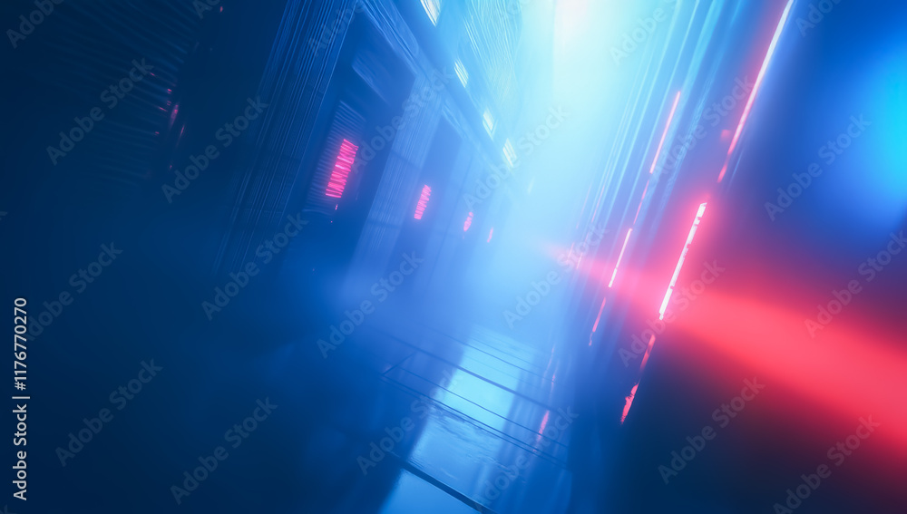 Poster blurred futuristic data corridor bathed in neon blue and red lights, creating a cyberpunk-inspired v