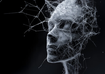 Surreal and futuristic 3D render of a humanoid face enveloped in intricate web-like structures against a dark background.