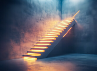 3D render of a futuristic staircase with illuminated steps in a sleek, dark environment