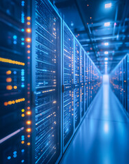 A futuristic data center illuminated by vibrant neon-blue lights, featuring long corridors of advanced servers with glowing indicators creating a high-tech ambiance.
