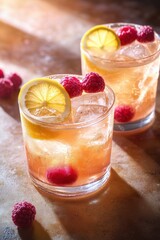 Two refreshing cocktails with raspberries and lemon slices on a sunlit surface.