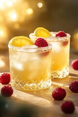 Two refreshing cocktails garnished with lemon slices and raspberries, exuding a vibrant and inviting atmosphere.