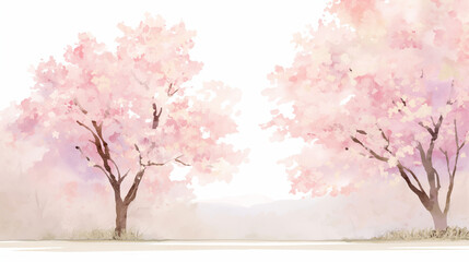 並ぶ桜の木と春の柔らかな風景｜ピンクの花びら舞う自然の美｜和風イラスト