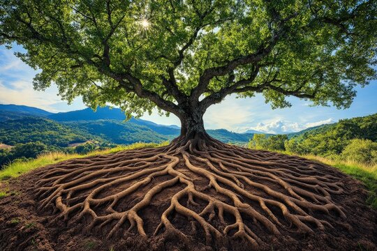 A grand tree stands tall with its complex root system sprawled out, showcasing nature's strength, resilience, and the interconnectedness of all life on Earth.