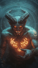 fierce demon with glowing tattoos and sharp fangs