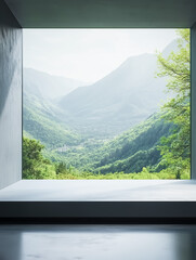 A modern architectural space with an open concrete structure, framing a breathtaking view of lush green mountains. The scene is bathed in soft natural light, emphasizing the serene atmosphere.