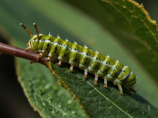 Naklejka premium A vibrant green caterpillar resting delicately on a leaf, showcasing nature's beauty and the lifecycle of insects, A beautiful Emperor moth Caterpillar, Saturnia pavonia, walking along a twig in heath
