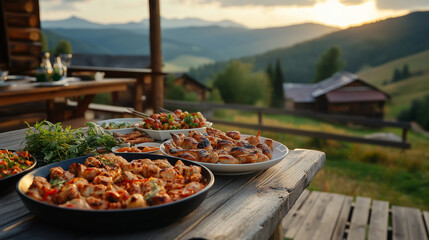 Rustic outdoor dining with grilled chicken and salad at sunset in mountain retreat, meat, picnic on vacation