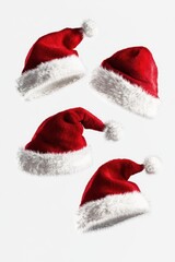 Four festive red Santa hats with white fur trim, perfect for holiday celebrations.
