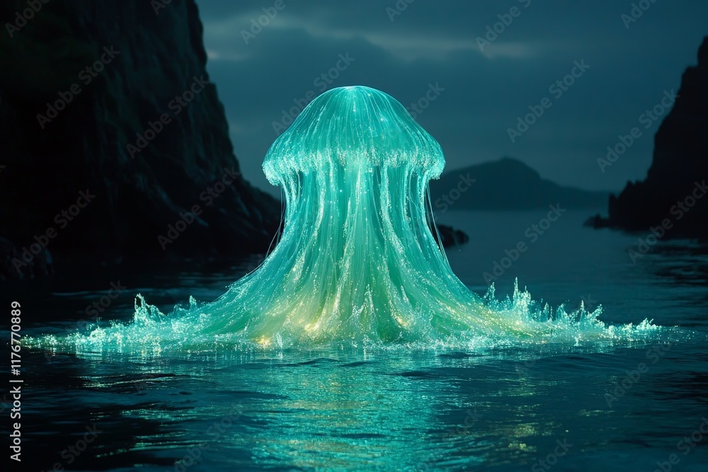 Poster a stunning glowing jellyfish releases brilliant light as it hovers above calm waters, creating a mes