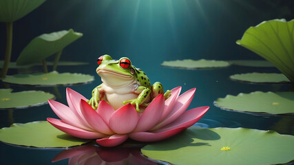 Green frog sitting on a pink water lily pads in a blooming pond, cartoon style with space for text