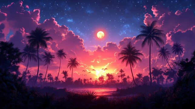 Vibrant sunset over tropical beach with palm trees and starry night sky. - Powered by Adobe